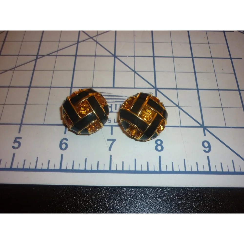 Vintage NOS Sue Ellen England Black Enamel Gold Tone Crystal Clip On Earrings